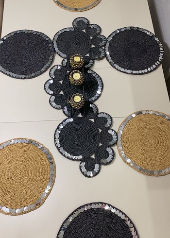 Bohem Siyah ve Bej Örgü Masa Takımı - Görsel 3