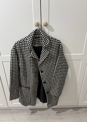 Kadın Siyah Beyaz Ekose Midi Blazer Kaban