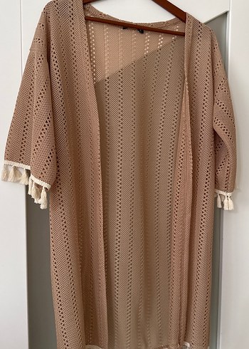 Bej Nakışlı Bohem kimono yelek