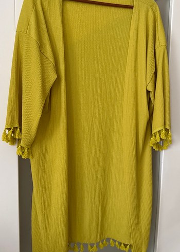 Sarı Bohem Tarzı Püsküllü kimono tişört yelek