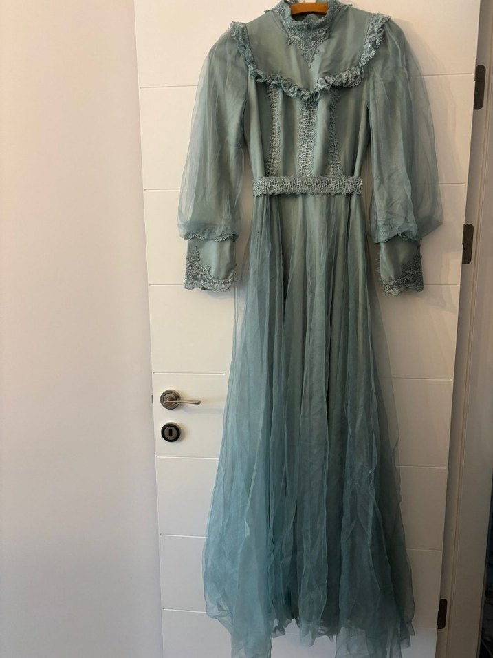 Uzun Turkuaz Nakışlı Bohem Elbise - Görsel 2