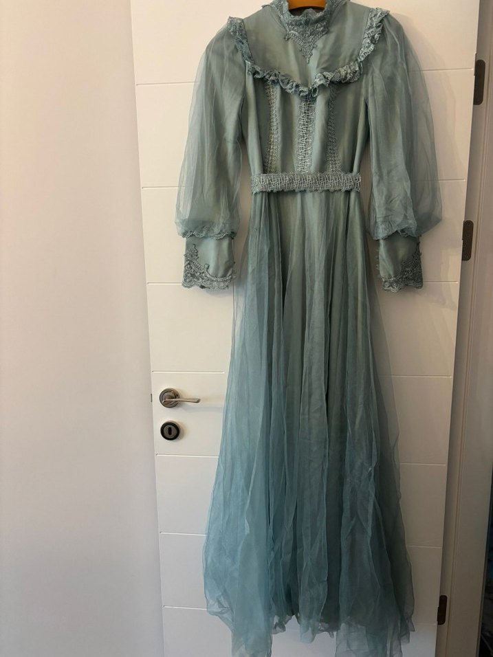 Uzun Turkuaz Nakışlı Bohem Elbise - Görsel 3