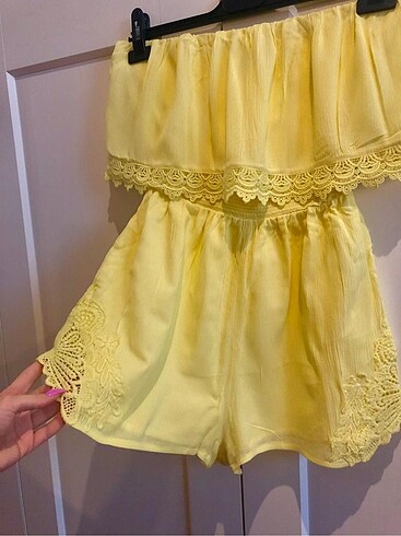 s Beden sarı Renk Forever 21 Sarı Dantelli Tulum Elbise