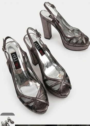 Diğer Sik Metalik Gri Slingback Topuklu Ayakkabi