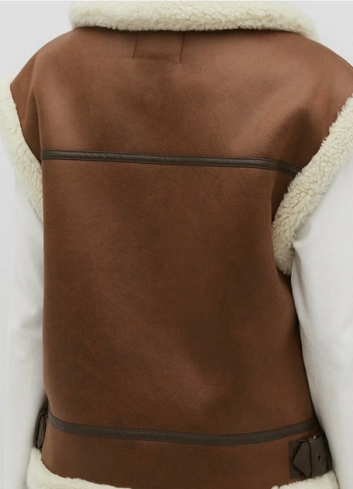 Kahverengi Kürklü Deri Kolsuz Ceket - Görsel 4
