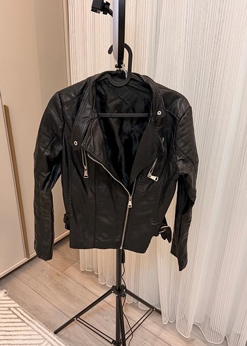 Kadın Siyah Deri Biker Ceket - Görsel 3