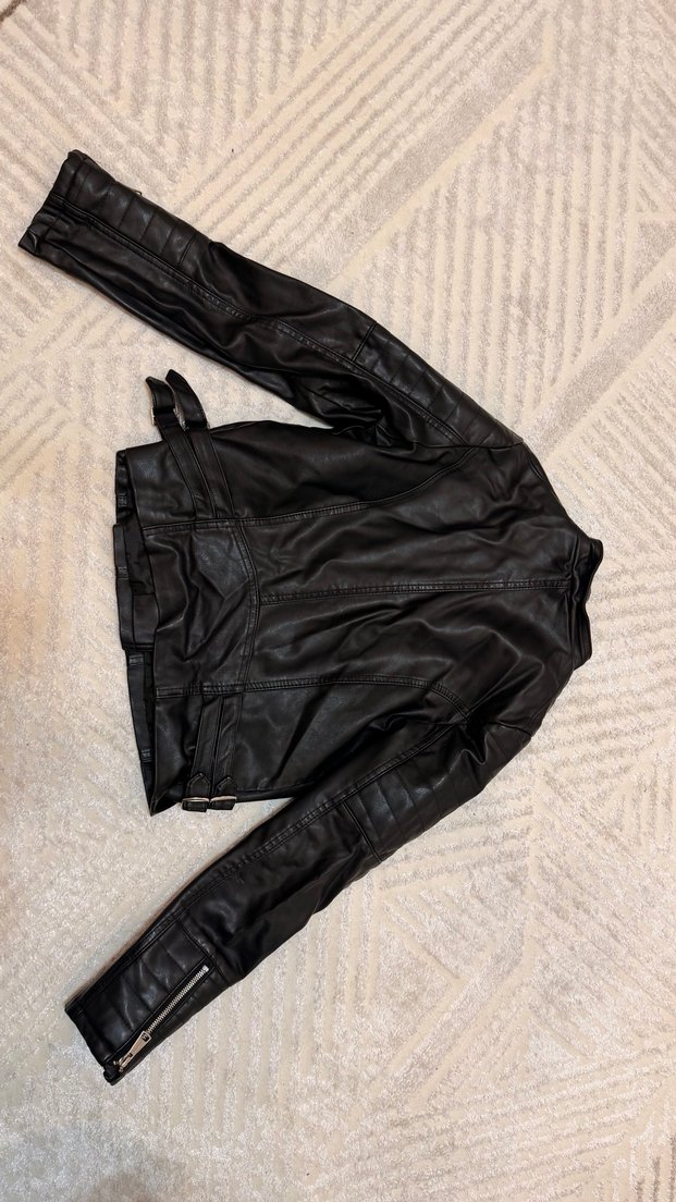 Kadın Siyah Deri Biker Ceket - Görsel 4