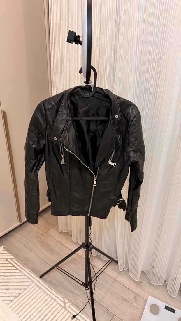 Kadın Siyah Deri Biker Ceket - Görsel 3