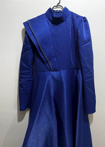 Tafta Kumaş Tarlatanlı Yüksek Yaka Uzun ve Kemerli Abiye Elbise - Görsel 6