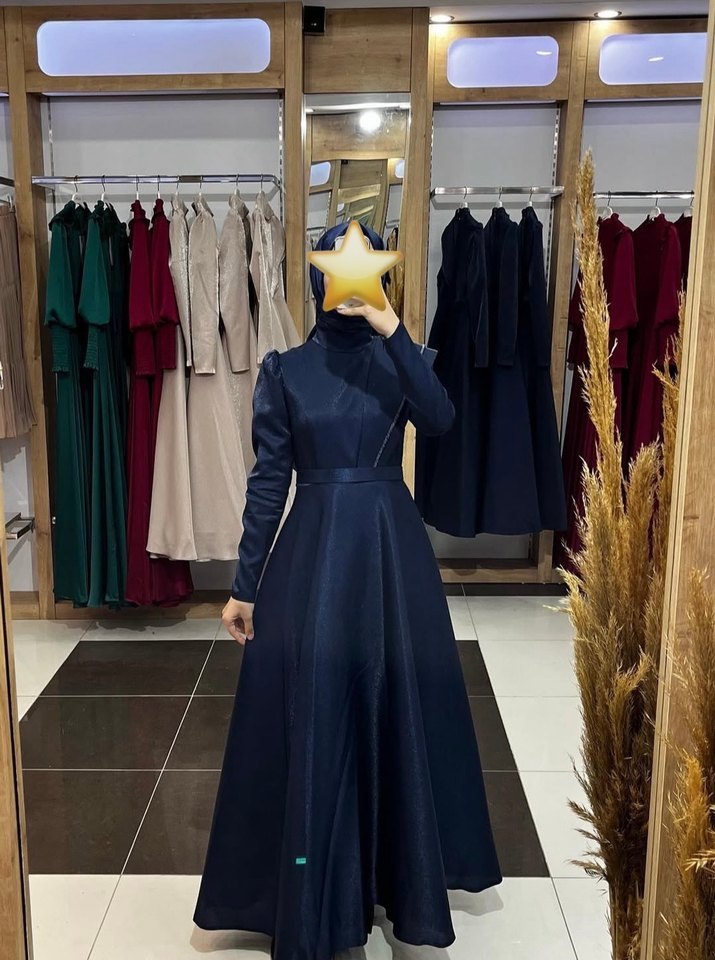 Tafta Kumaş Tarlatanlı Yüksek Yaka Uzun ve Kemerli Abiye Elbise - Görsel 4