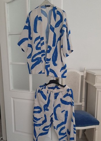 Diğer Mavi Batik Desenli Uzun Kimono takimi