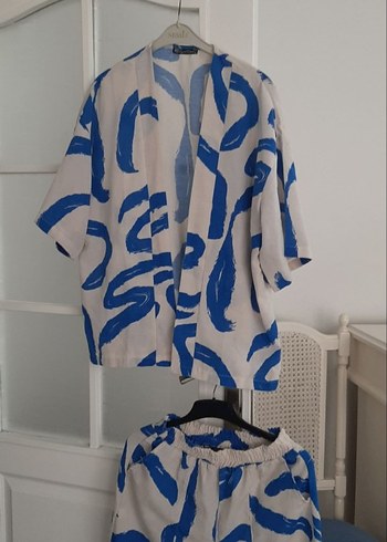 s Beden mavi Renk Mavi Batik Desenli Uzun Kimono takimi