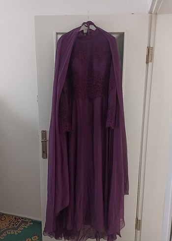 Uzun Kollu Mor Vintage Abiye Elbise - Görsel 2