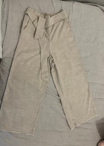 Bej Keten Kadın Kemerli Pantolon