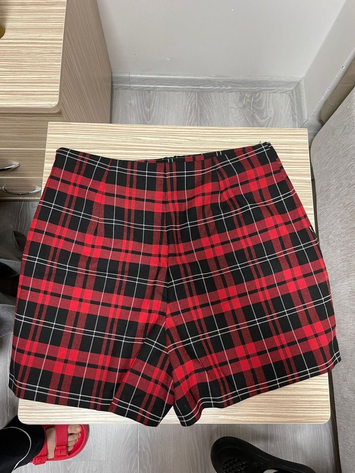 Kırmızı Ekose Tokalı Mini Etek - Görsel 2