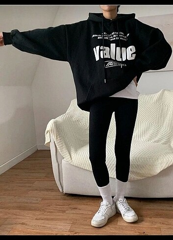 Diğer Siyah Baskılı Oversize Şardonlu Kapüşonlu 