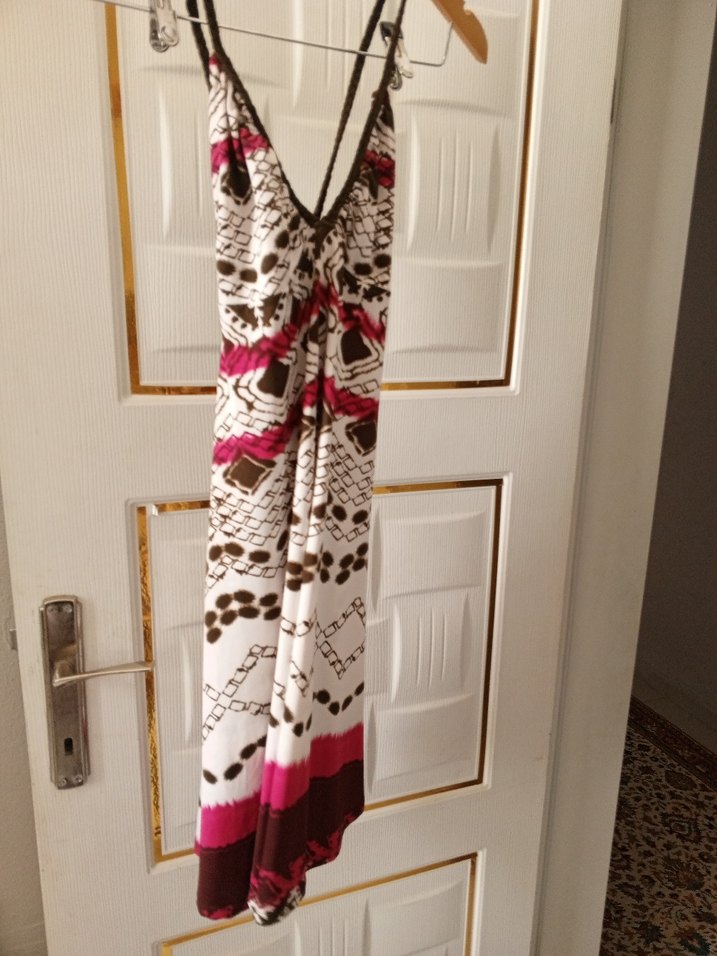 Bohem V Yaka Uzun Askılı Elbise - Görsel 2