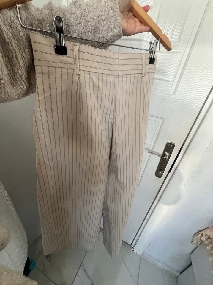 Bej Çizgili Midi Kadın Kumaş Pantolon - Görsel 2