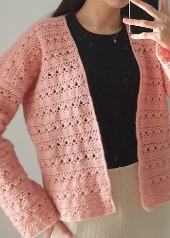 Dantel Detaylı Pembe Kadın Hırka angora ip - Görsel 2