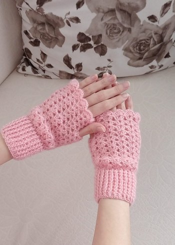 Parmaksız Pembe Örgü Eldiven Angora İp - Görsel 2