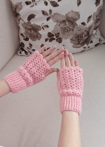 Parmaksız Pembe Örgü Eldiven Angora İp - Görsel 3