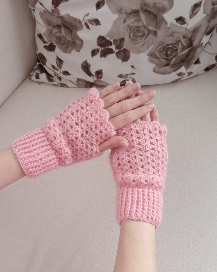 Parmaksız Pembe Örgü Eldiven Angora İp - Görsel 2