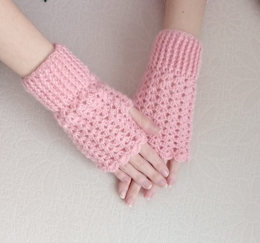 Parmaksız Pembe Örgü Eldiven Angora İp - Görsel 4