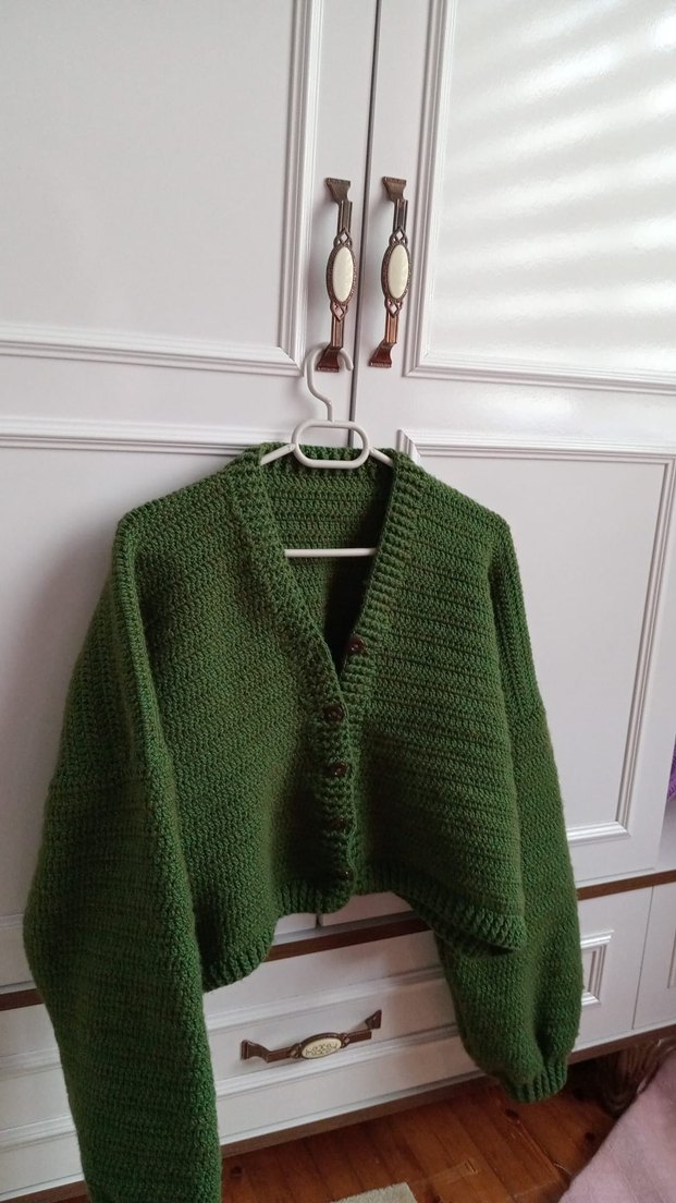 Yeşil Örgü Kadın Hırka balon kol - Görsel 2