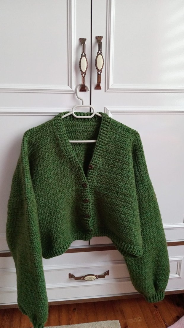 Yeşil Örgü Kadın Hırka balon kol - Görsel 3