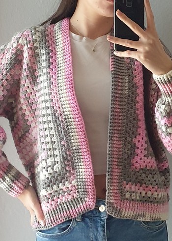 Gri Pembe Örgü Hırka - Görsel 2