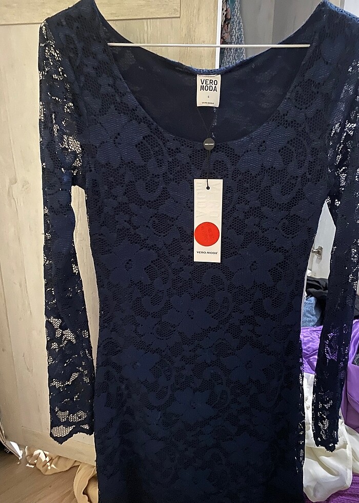 Dantel lacivert elbise - Görsel 4