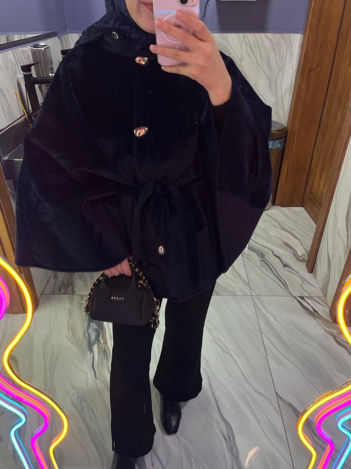 Kadın Lacivert Kürk Detaylı Midi Denim Ceket - Görsel 3