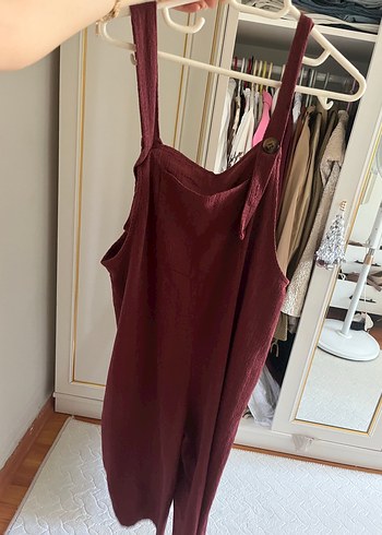 Bordo Keten Askılı Tulum - Görsel 4
