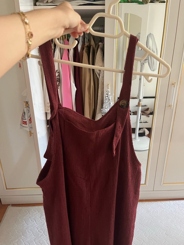 Bordo Keten Askılı Tulum - Görsel 2