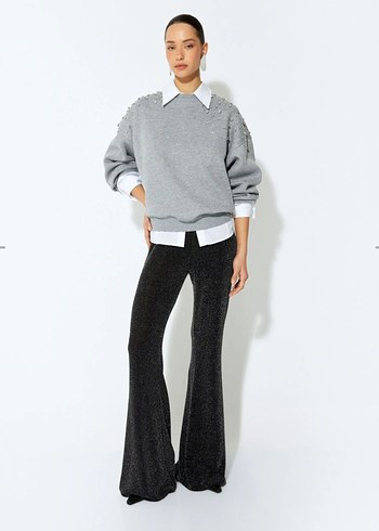 xl Beden koton İnci Detaylı Gri Oversize Sweatshirt