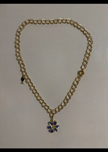 Mavi Çiçekli Zincir Detaylı Altın Rengi Kolye - Görsel 2