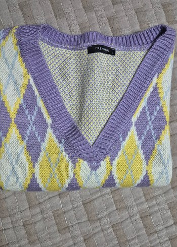 Pastel Renkli V Yaka Örgü Kadın Süveter - Görsel 2