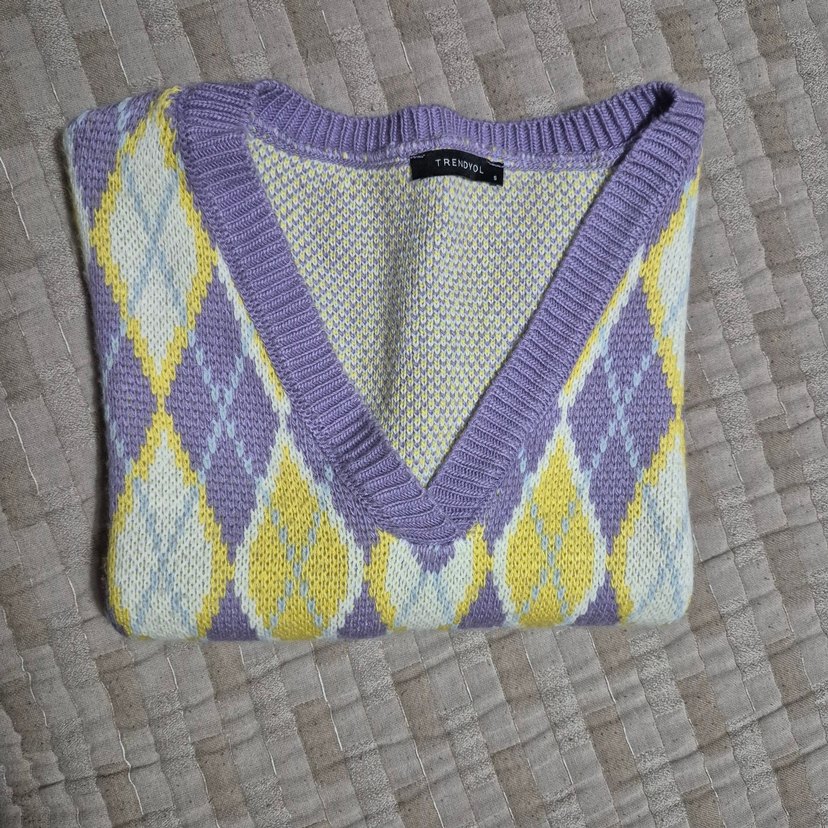 Pastel Renkli V Yaka Örgü Kadın Süveter - Görsel 2