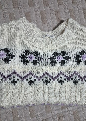 Nakışlı Bohem Gri Beyaz Triko Kazak - Görsel 3