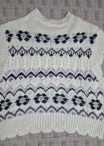 Nakışlı Bohem Gri Beyaz Triko Kazak - Görsel 2