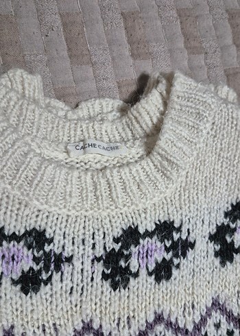 Nakışlı Bohem Gri Beyaz Triko Kazak - Görsel 4