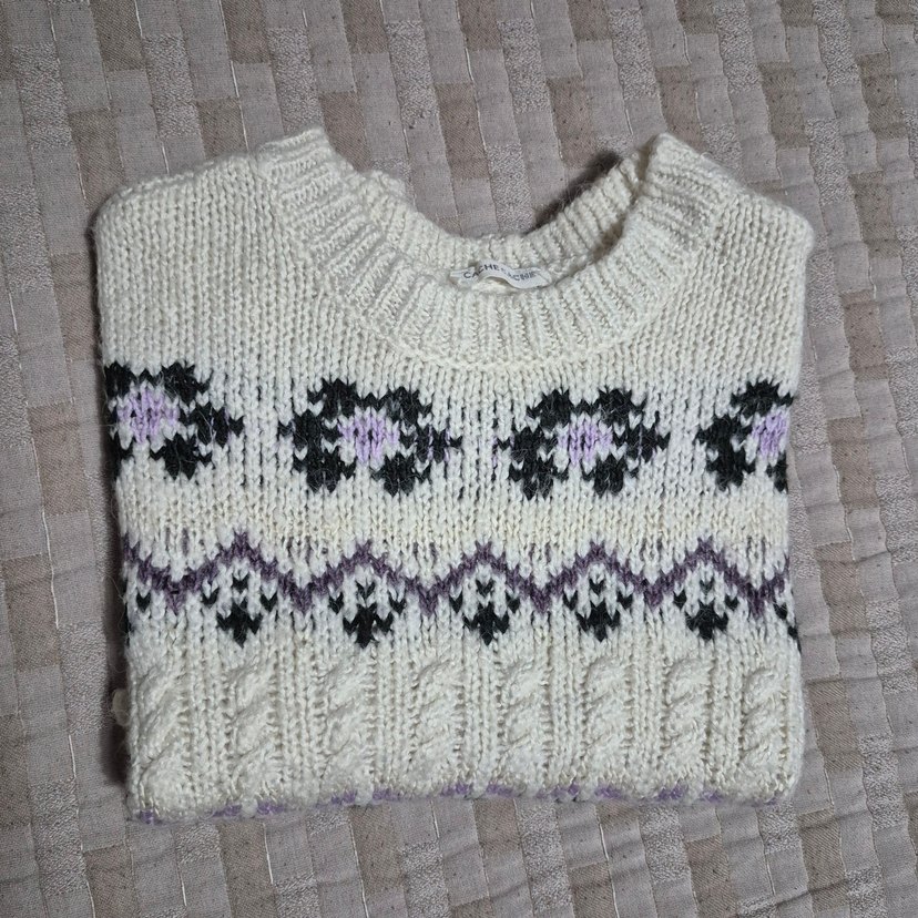 Nakışlı Bohem Gri Beyaz Triko Kazak - Görsel 3