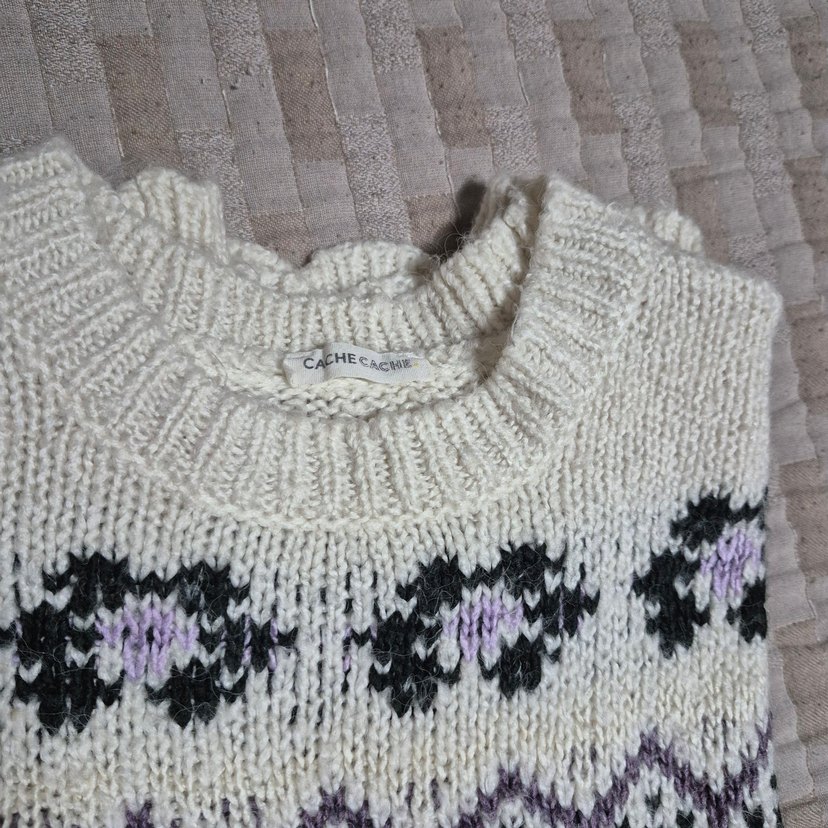 Nakışlı Bohem Gri Beyaz Triko Kazak - Görsel 4