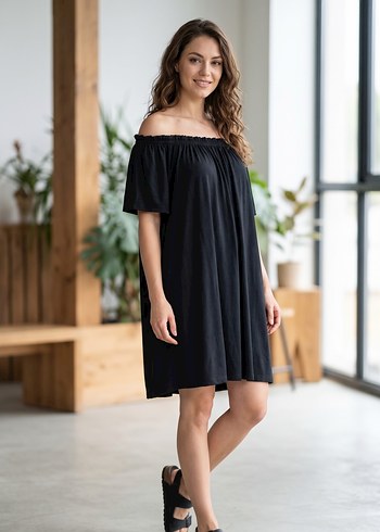 H&M Siyah Omzu Acik Rahat Elbise