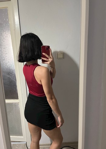 Bordo Kolsuz Halter Yaka Çıtçıtlı Body - Görsel 3