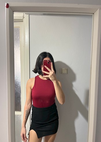 Bordo Kolsuz Halter Yaka Çıtçıtlı Body - Görsel 2