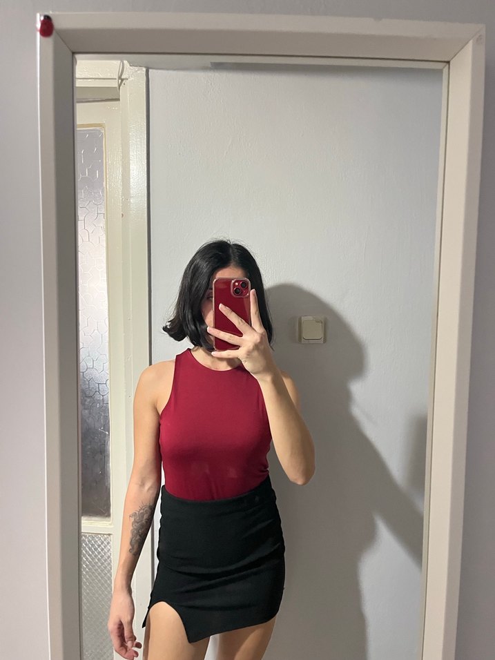 Bordo Kolsuz Halter Yaka Çıtçıtlı Body - Görsel 2