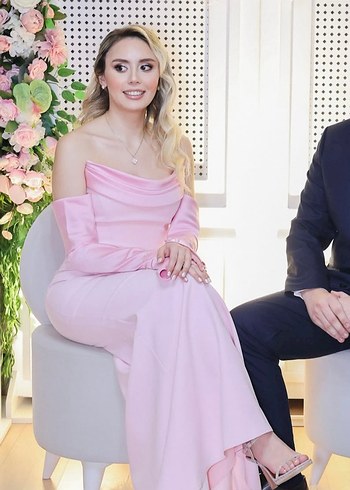Alfabeta Pembe Drapeli Straplez Uzun Abiye Nişan Elbise