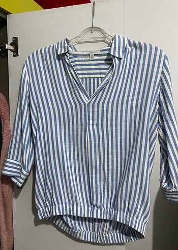 Mavi Çizgili Keten Kadın Gömlek - Görsel 2