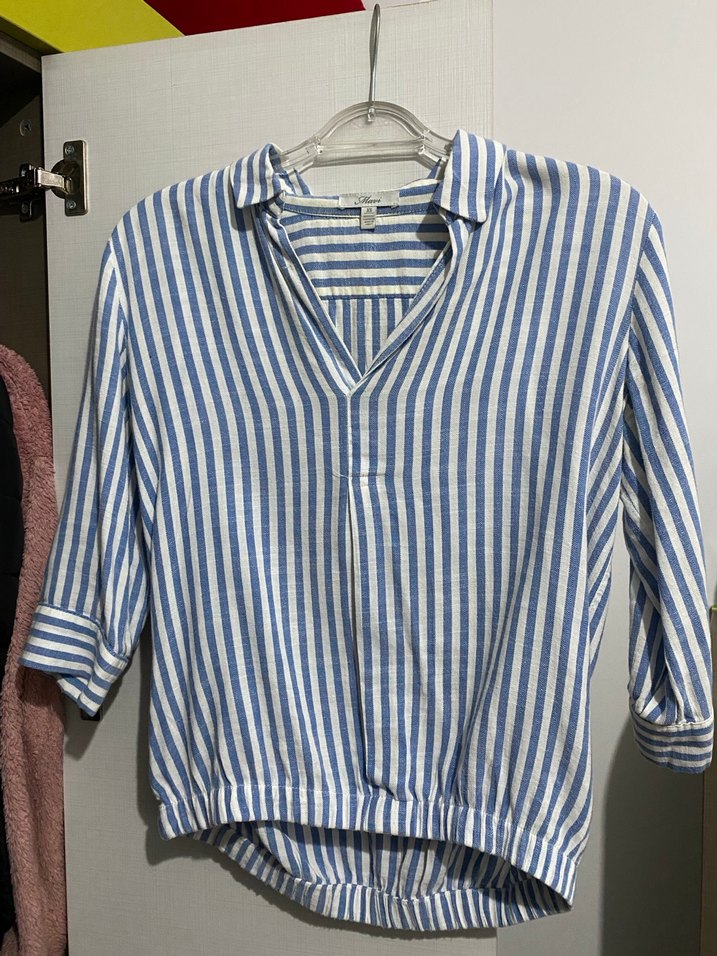 Mavi Çizgili Keten Kadın Gömlek - Görsel 2